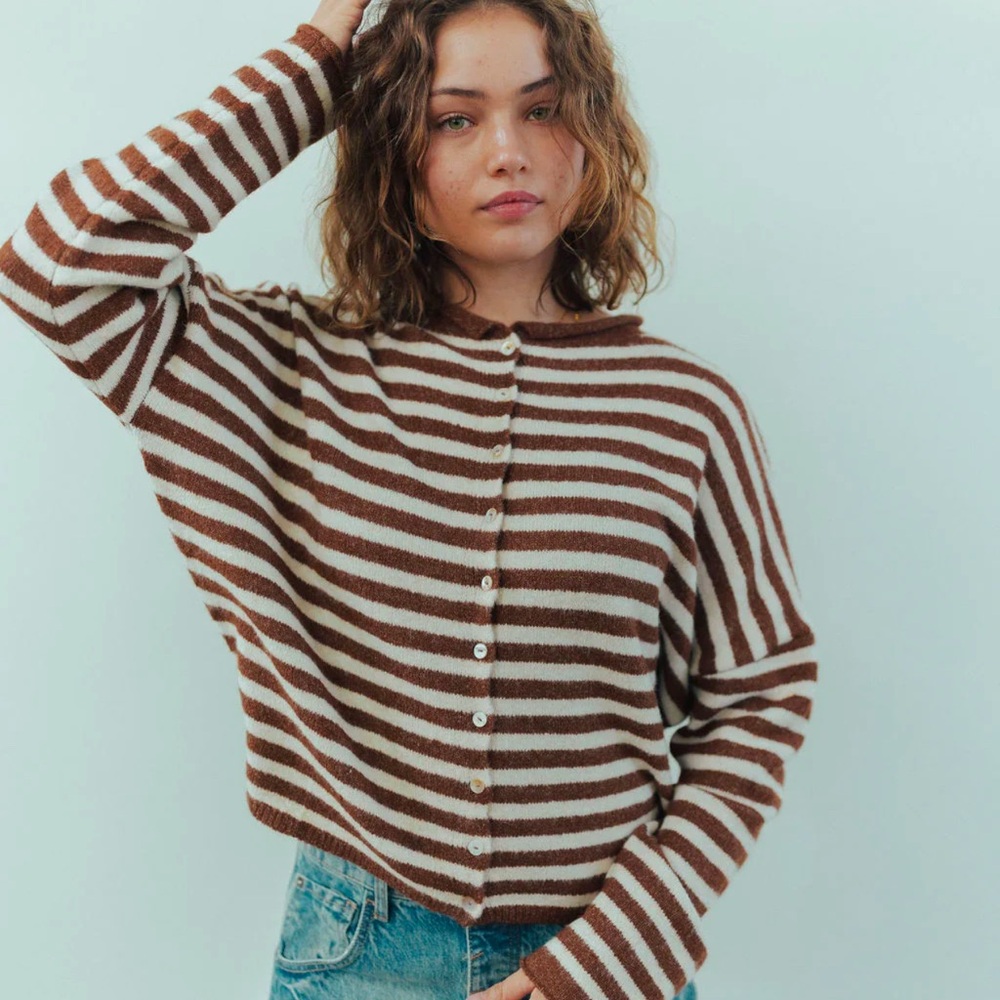 Roolee Brown and White Striped Cardigan